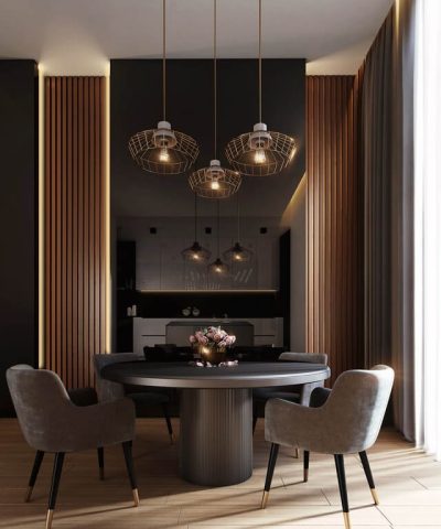 gray dining table under pendant lamps